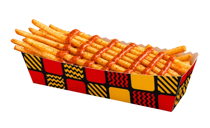 Long fries with sauce in a Gold&Burg box